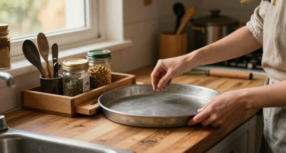 Woman Uses A Pizza Pan To Create Countertop Storage With A Unique Dollar Tree DIY